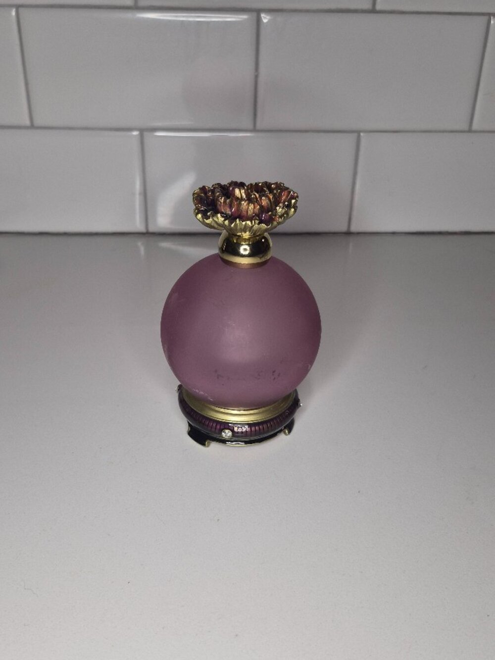Bella Lux Gold+Frosted Purple Glass Perfume Bottle+Flower+Crystal Stopper